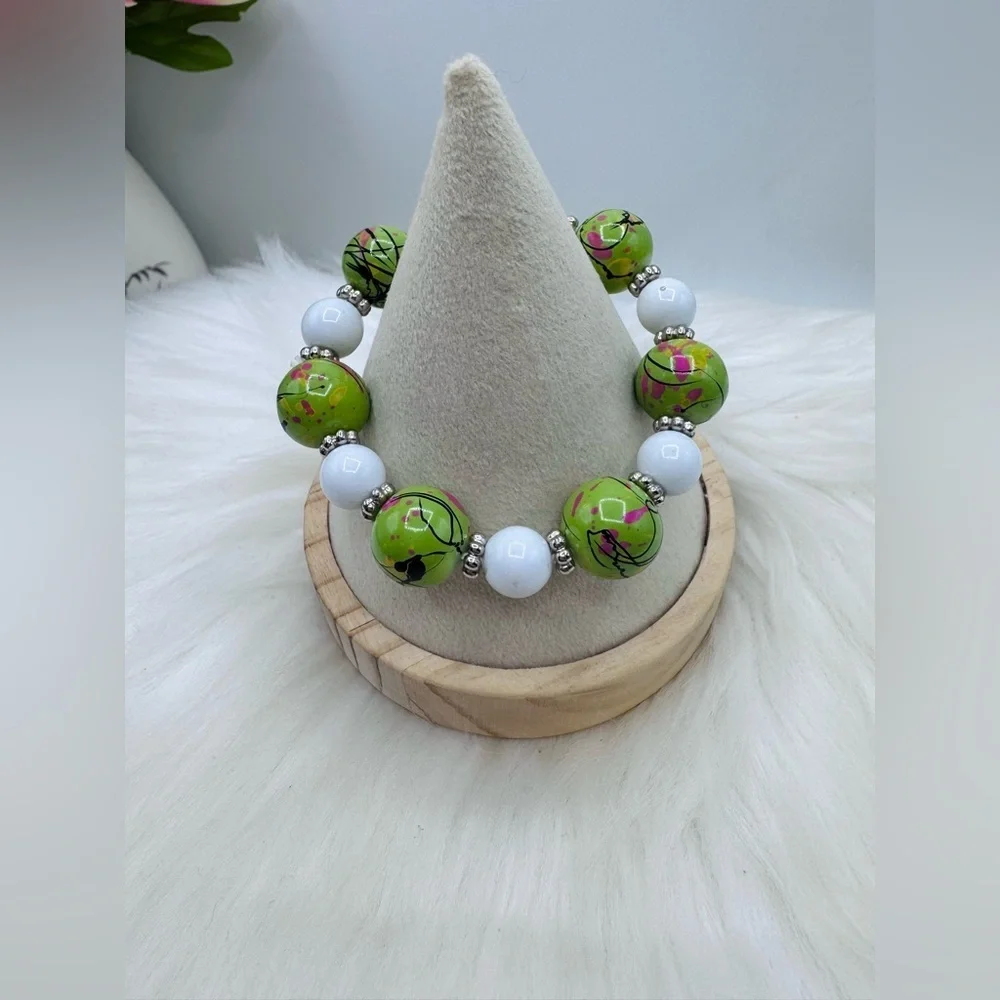 Lime Splash Statement Beaded Bracelet – White Accent Chunky Stretch Jewelry